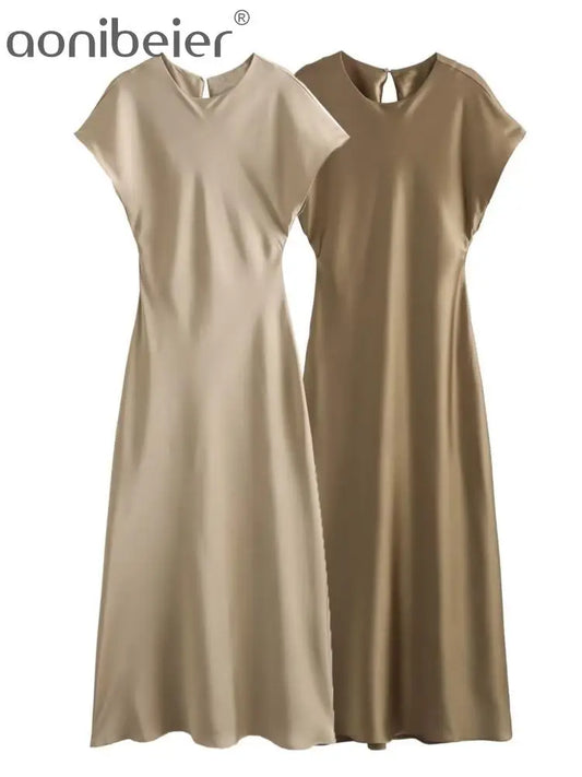 Elegant Satin Sleeveless Keyhole Back A-Line Midi Dress