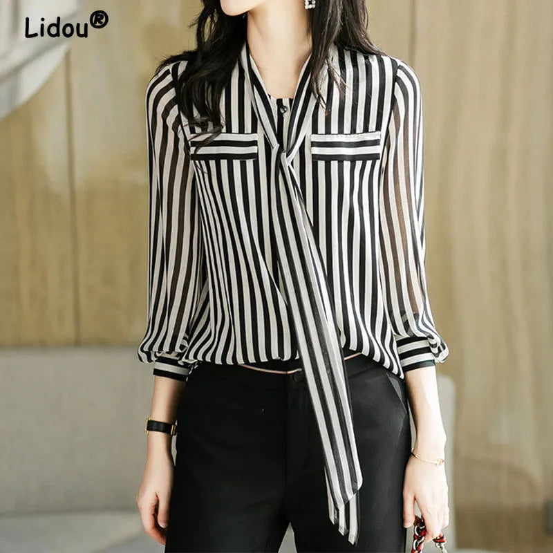 Striped Tie Neck Long Sleeve Blouse