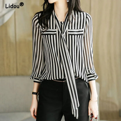 Striped Tie Neck Long Sleeve Blouse