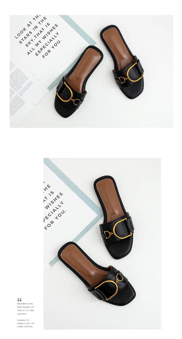 Women Leather Square Toe Slippers