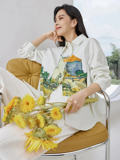 Oil Painting White Button Up Long Sleeve Shirt