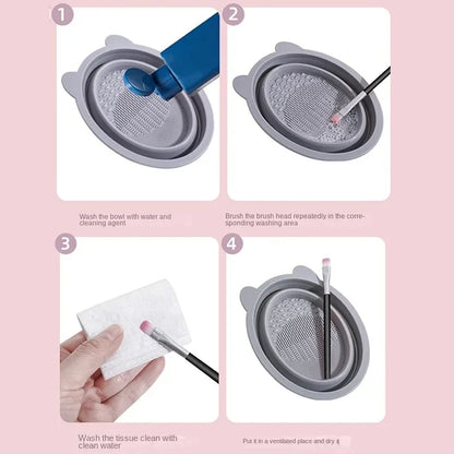 Collapsible Silicone Makeup Brush Scrubber Cleaning Mat Bowl