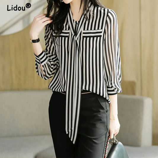 Striped Tie Neck Long Sleeve Blouse