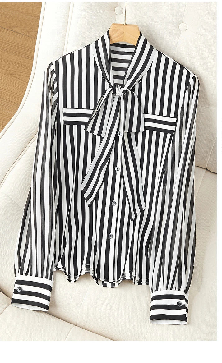 Striped Tie Neck Long Sleeve Blouse