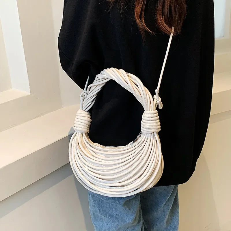 Handwoven Noodle Rope Knotted Pulled Hobo Half-Moon Bag