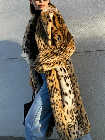 Long Fluffy Faux Leopard Fur Coat