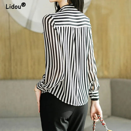 Striped Tie Neck Long Sleeve Blouse