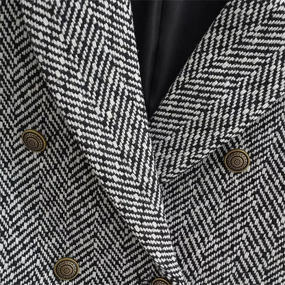 Cropped Herringbone Pattern Woolen Suit Coat