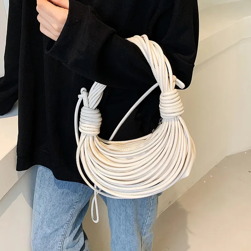 Handwoven Noodle Rope Knotted Pulled Hobo Half-Moon Bag