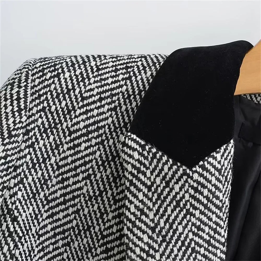 Cropped Herringbone Pattern Woolen Suit Coat