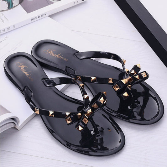 Studded Bow Toe Thong Flip Flop Sandals