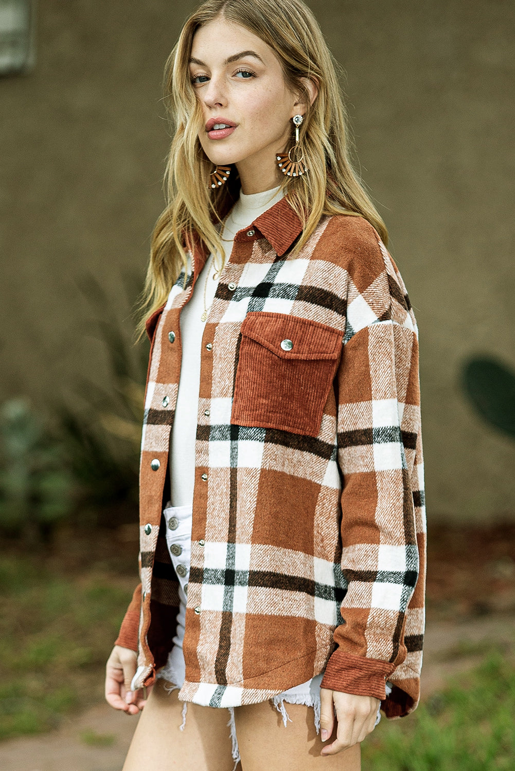 Brown Plaid Pocket Casual Buttons Up Shirt Shacket