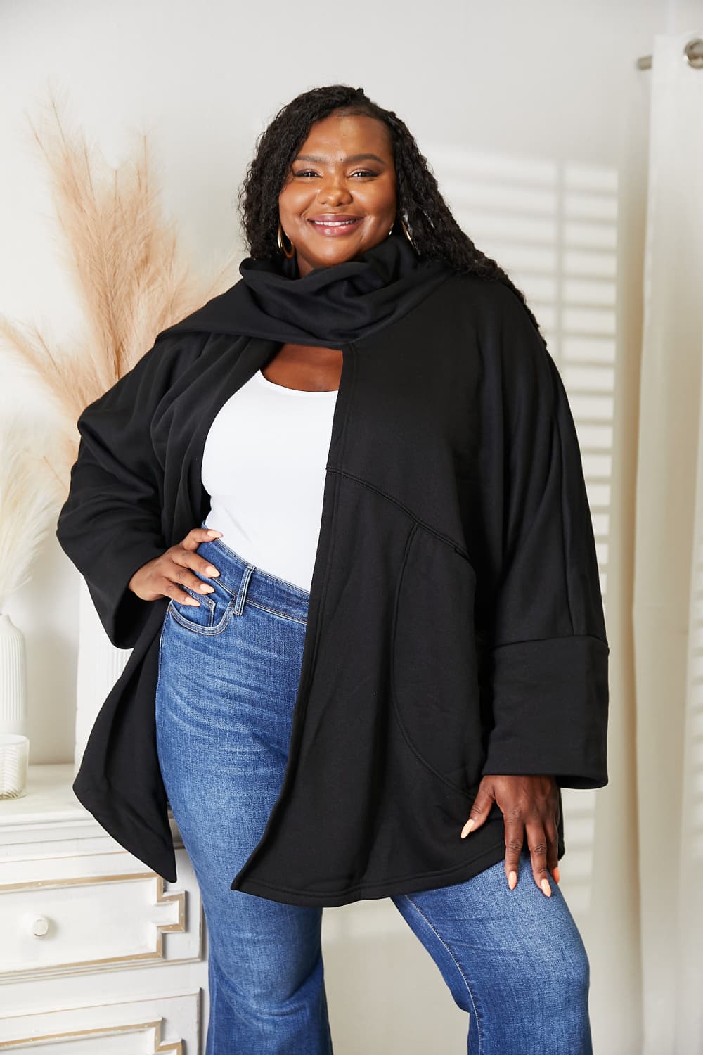 Full Size Open Front Cardigan with Scarf Design - Black