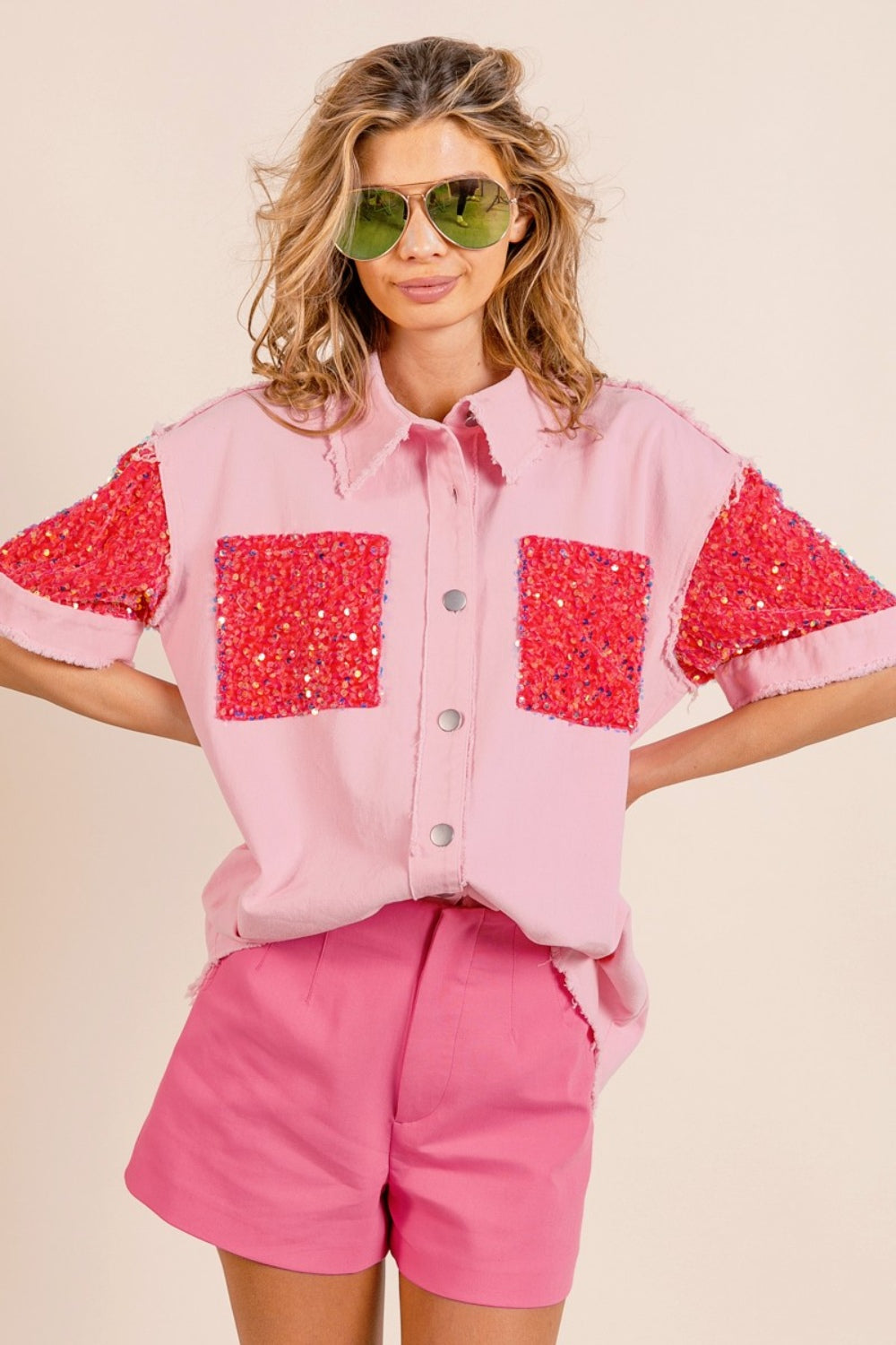 Tanner Sequin Detail Raw Hem Short Sleeve Shirt  - Pink/Fuchsia