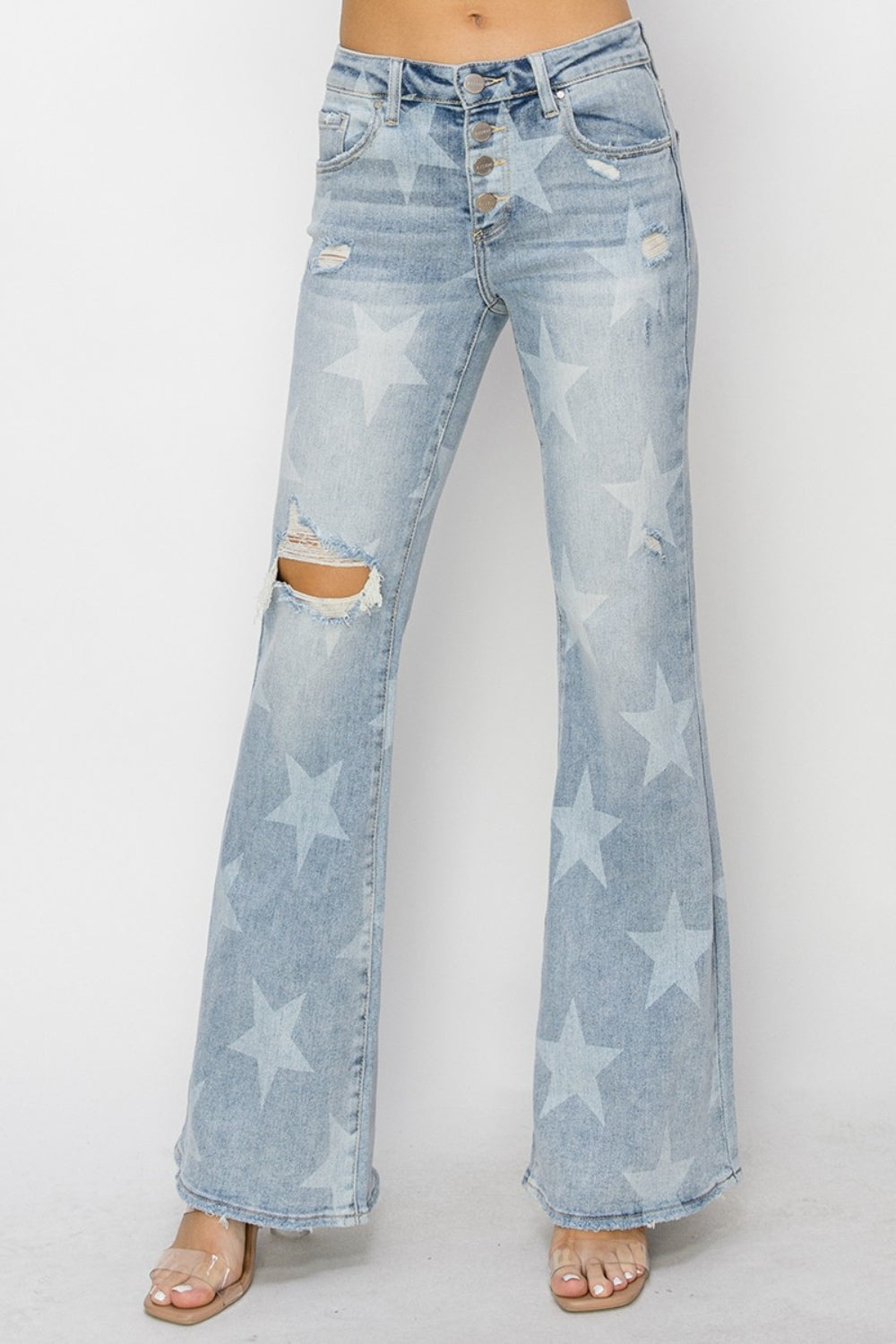Stargazer Button Fly Mid Rise Flare Jeans