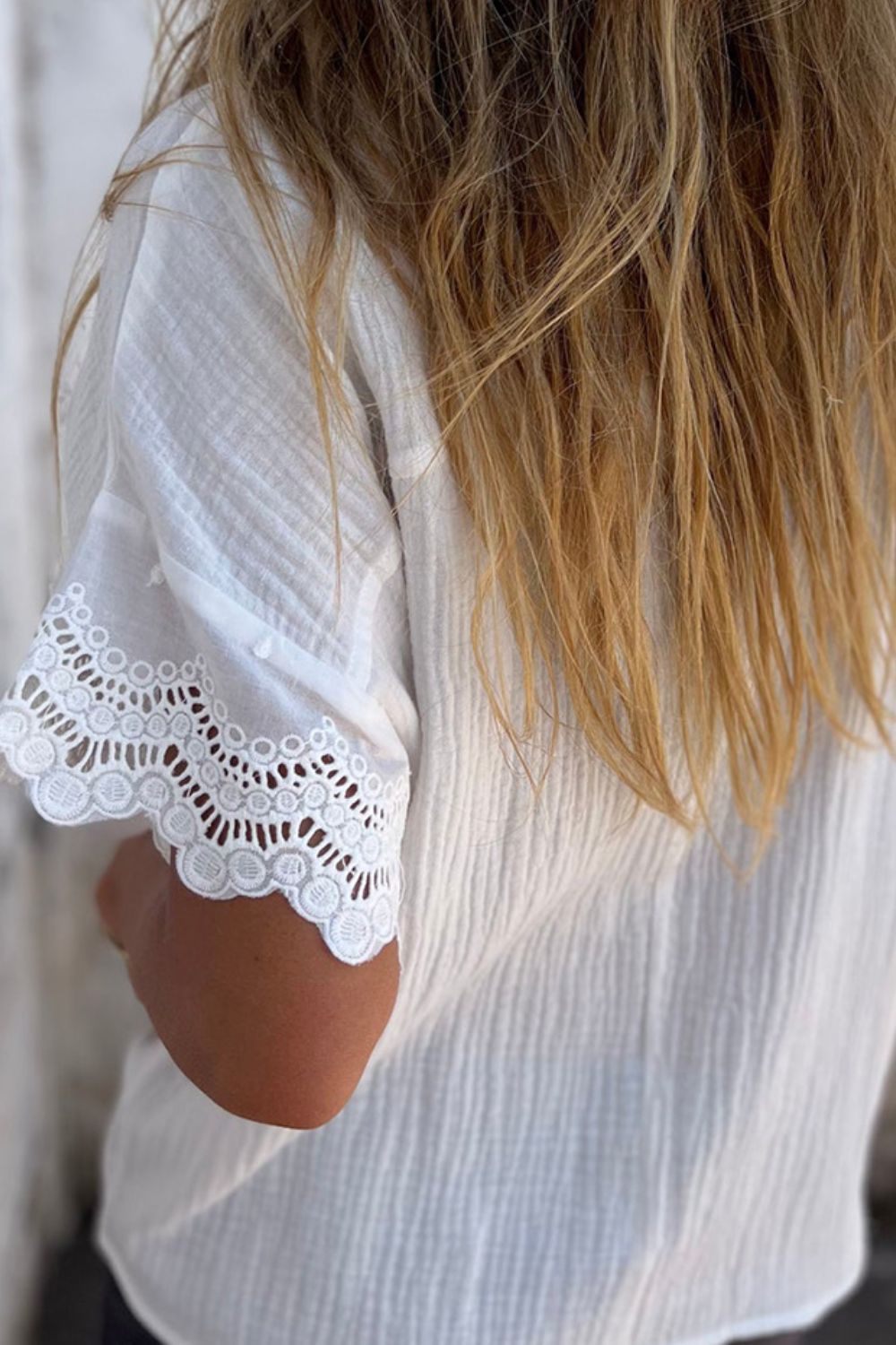 Cotton Lace Detail Collared Neck Short Sleeve Blouse - White