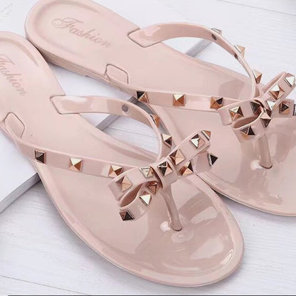 Studded Bow Toe Thong Flip Flop Sandals