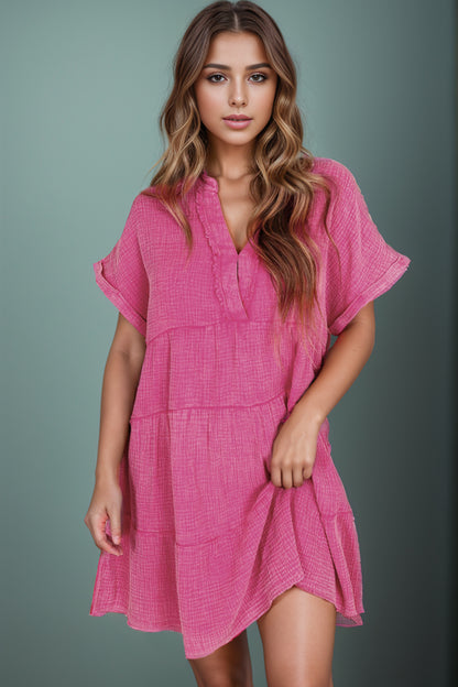 Cotton Tiered Notched Short Sleeve Dres