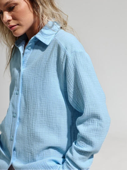 Cotton Textured Collared Neck Long Sleeve Shirt
