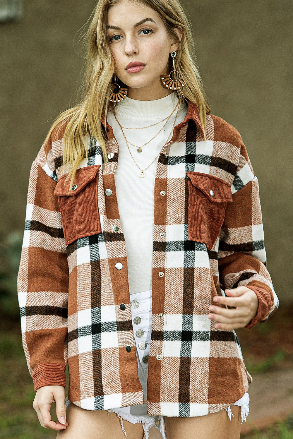 Brown Plaid Pocket Casual Buttons Up Shirt Shacket