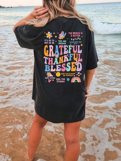 Grateful Thankful Blessed Round Neck Short Sleeve T-Shirt