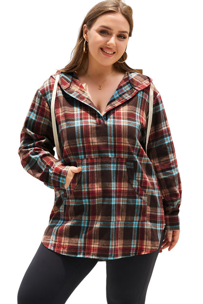 Red Plus Size Plaid Kangaroo Pocket Drawstring Hoodie