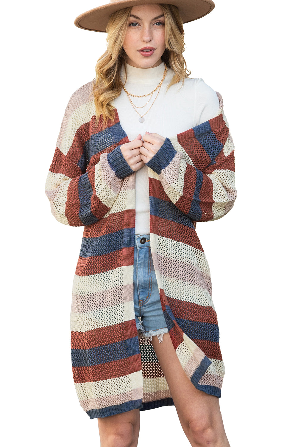 Black Striped Color Block Casual Hollow Cable Knit Cardigan