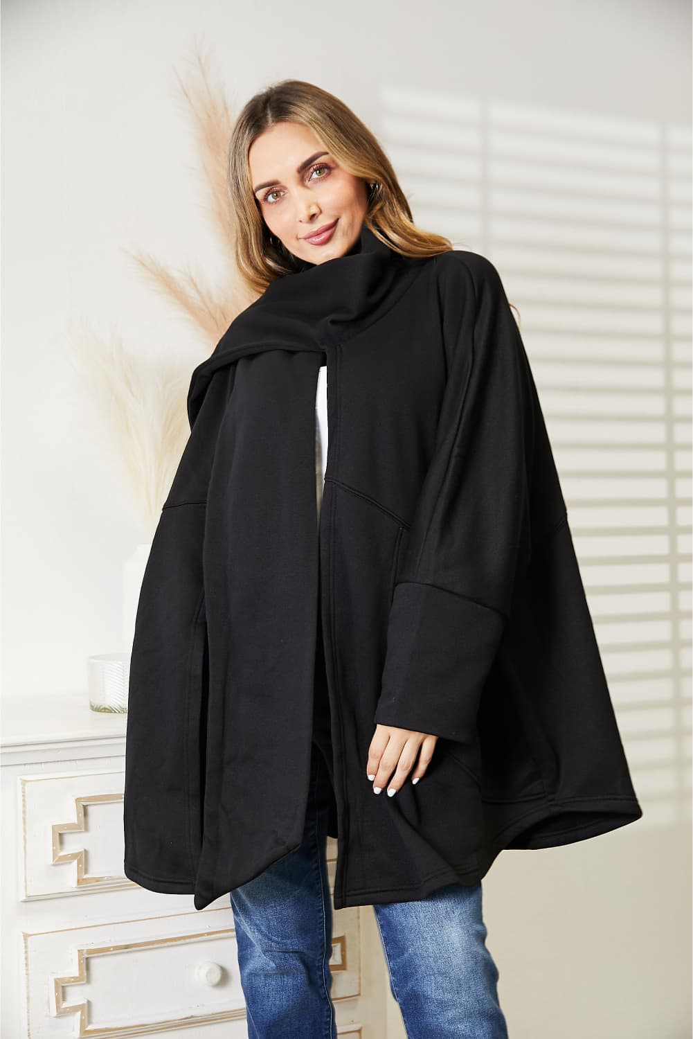 Full Size Open Front Cardigan with Scarf Design - Black