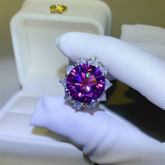 Violet Petal Round 10 Carat Moissanite 925 Sterling Silver Flower Shape Ring