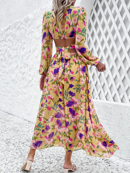 Cutout Printed V-Neck Balloon Sleeve Dress