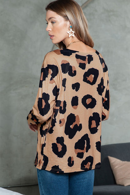 Leopard Print Drop Shoulder Pullover Long Sleeve Top