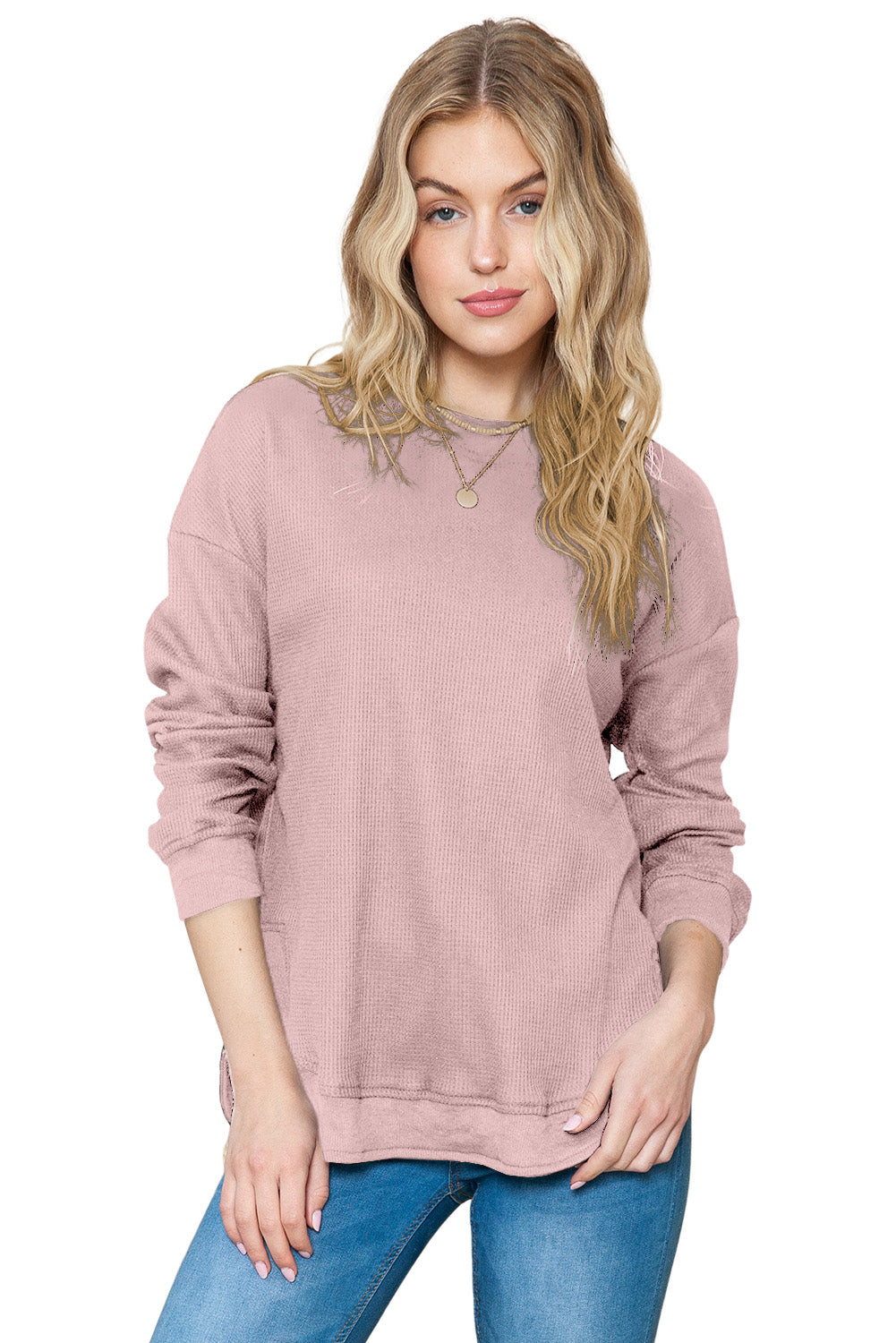 Grey Plain Crew Neck Ribbed Trim Waffle Knit Long Sleeve Top