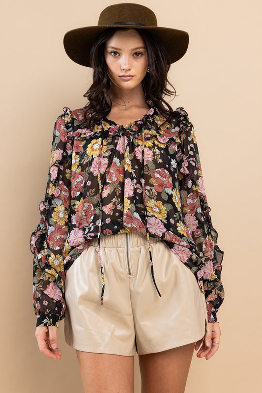 Ruffle Trim Long Sleeve Floral Blouse