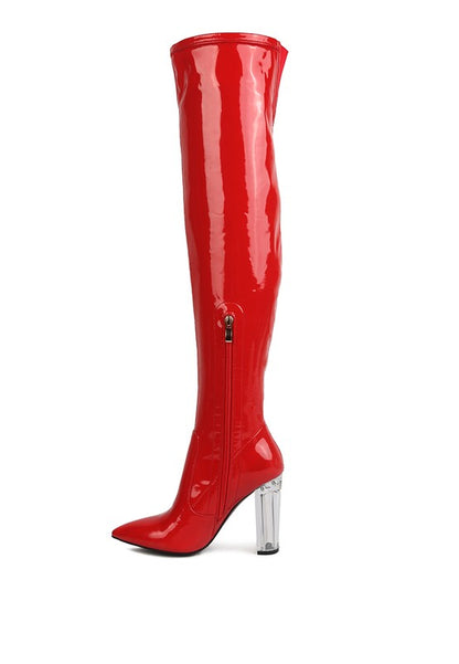 Elektra Over Knee High Clear Heel Patent Leather Boots