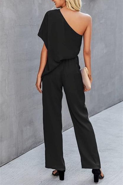 Single Shoulder Short Sleeve Jumpsuit - Black