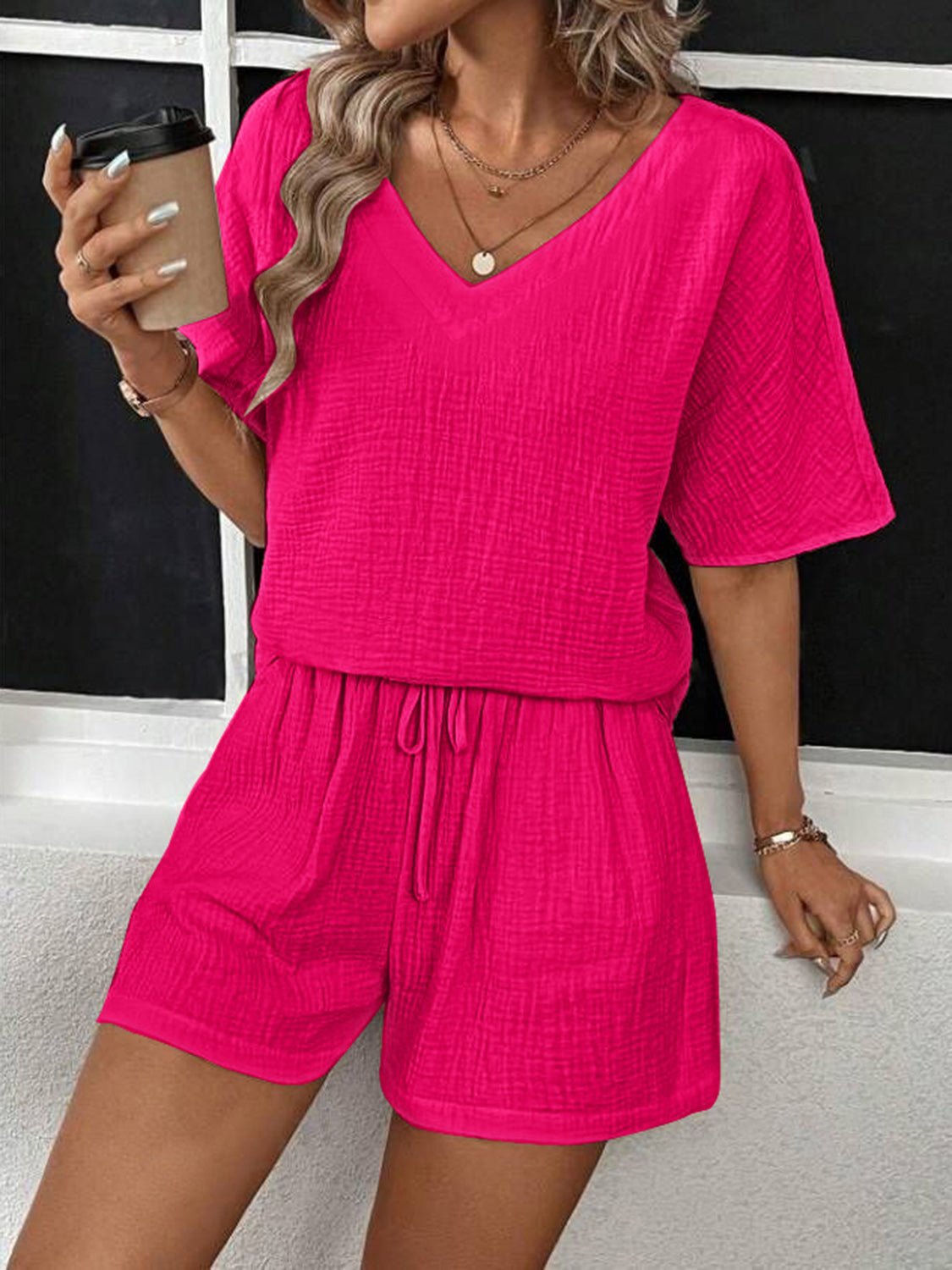 Cotton V-Neck Half Sleeve Top and Shorts Set