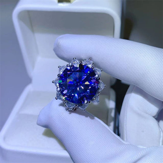 Azure Petal Round 10 Carat Moissanite 925 Sterling Silver Flower Shape Ring