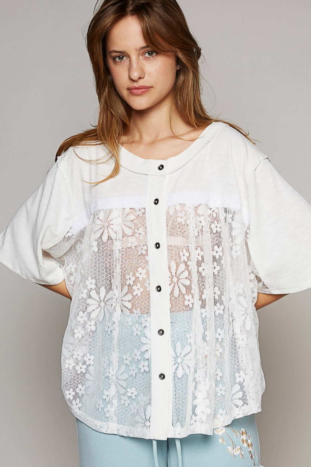 Round Neck Short Sleeve Lace Top