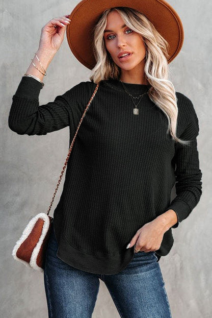 Grey Plain Crew Neck Ribbed Trim Waffle Knit Long Sleeve Top