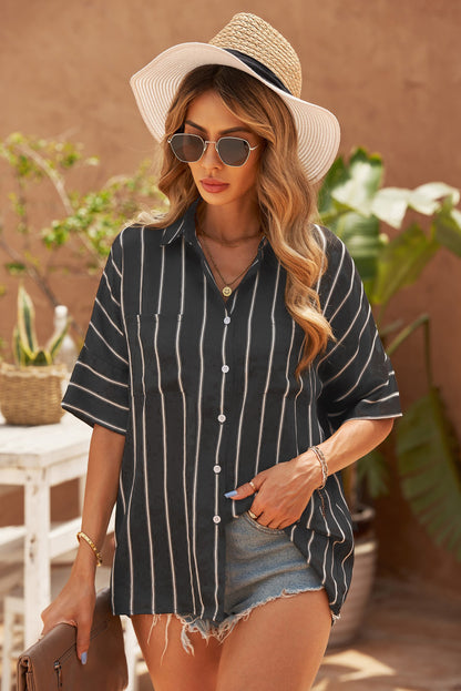 Black Striped Casual Short Sleeve Shirt with Pocket