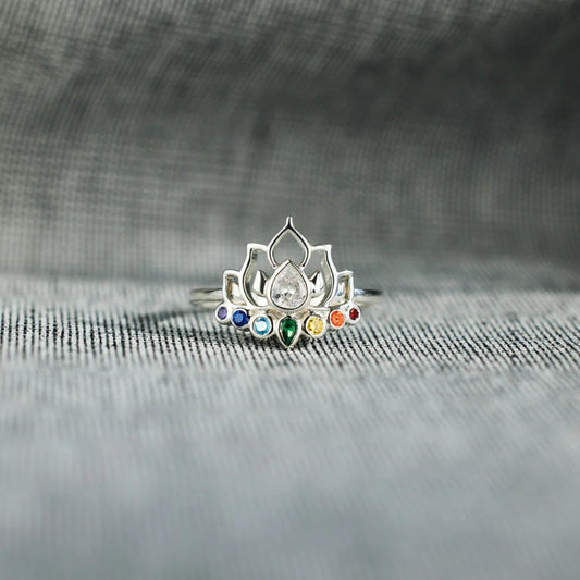 Rainbow Lotus 925 Sterling Silver Inlaid Zircon Lotus Shape Ring