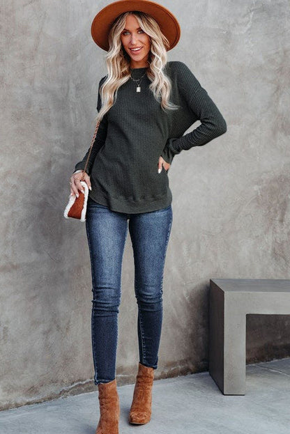 Grey Plain Crew Neck Ribbed Trim Waffle Knit Long Sleeve Top