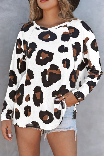 Leopard Print Drop Shoulder Pullover Long Sleeve Top