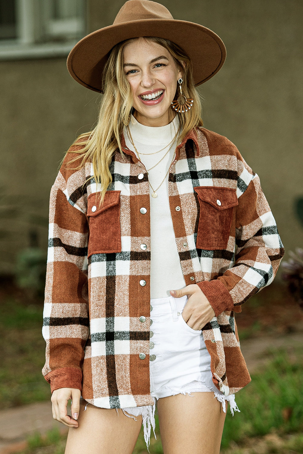 Brown Plaid Pocket Casual Buttons Up Shirt Shacket