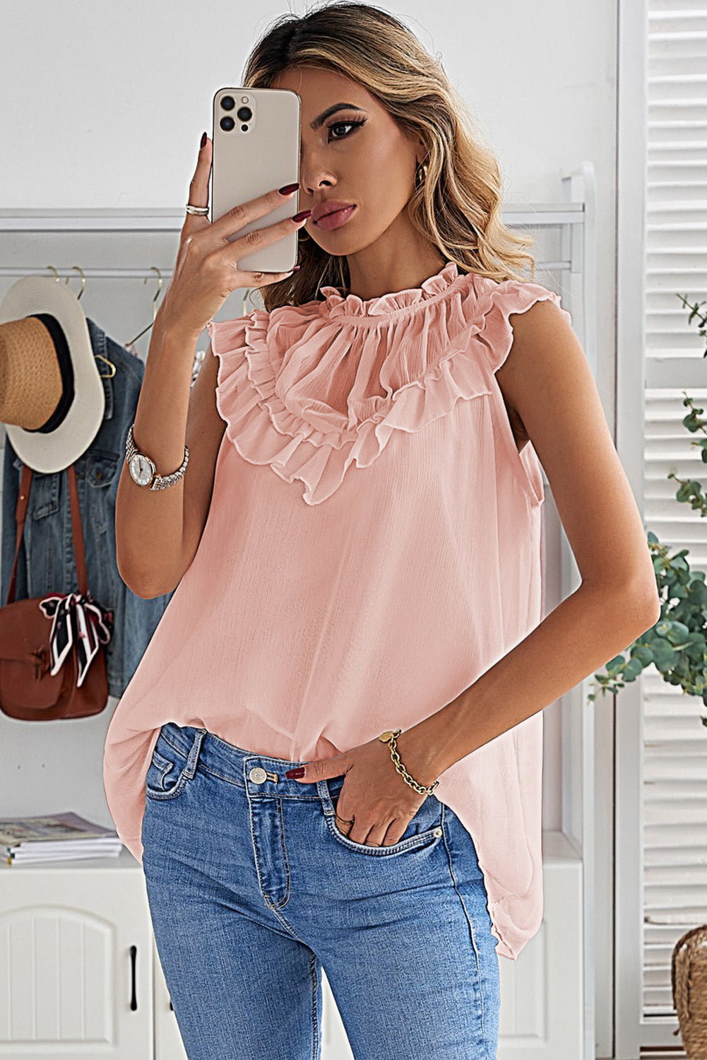 Frill Detail Tulle Casual Sleeveless Shirt
