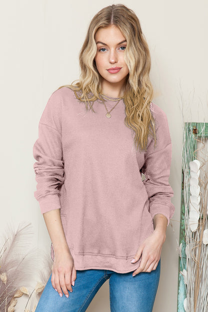 Grey Plain Crew Neck Ribbed Trim Waffle Knit Long Sleeve Top