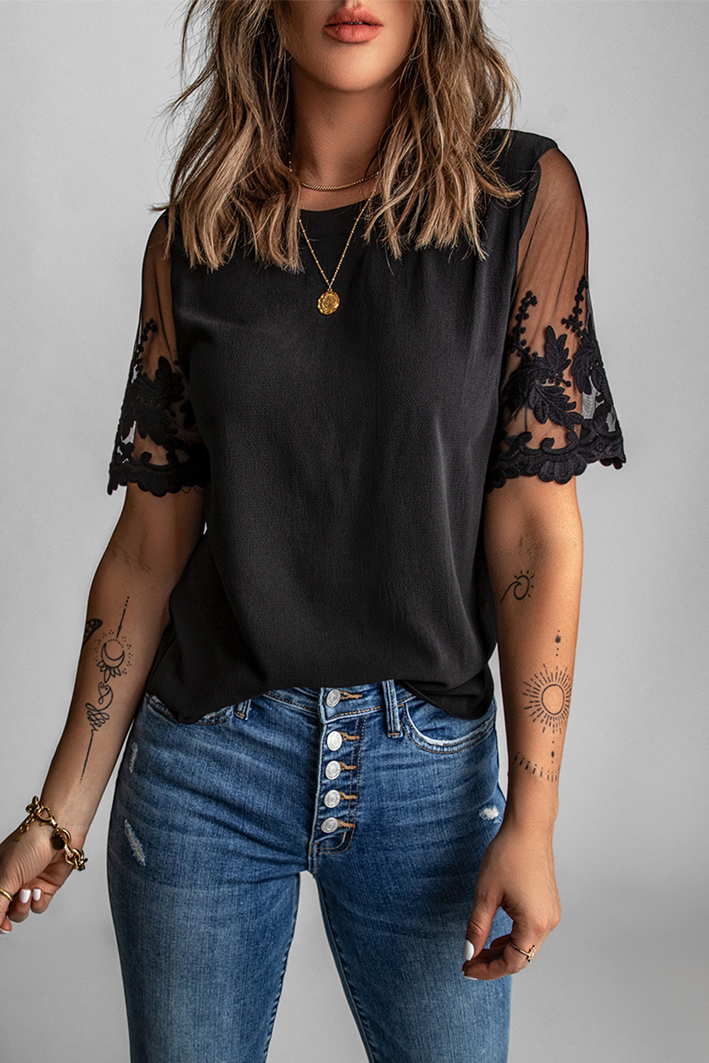 Black Sheer Flower Lace Short Sleeve Summer Top