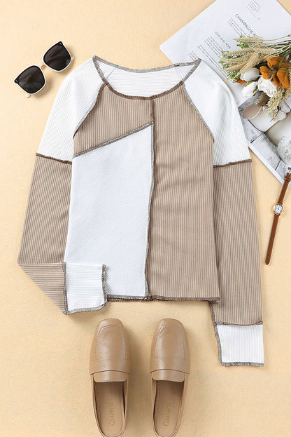 White Color Block Exposed Seam Ribbed Long Sleeve Top