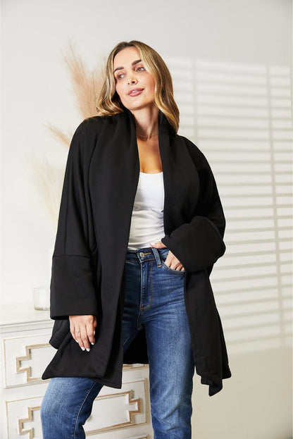 Full Size Open Front Cardigan with Scarf Design - Black