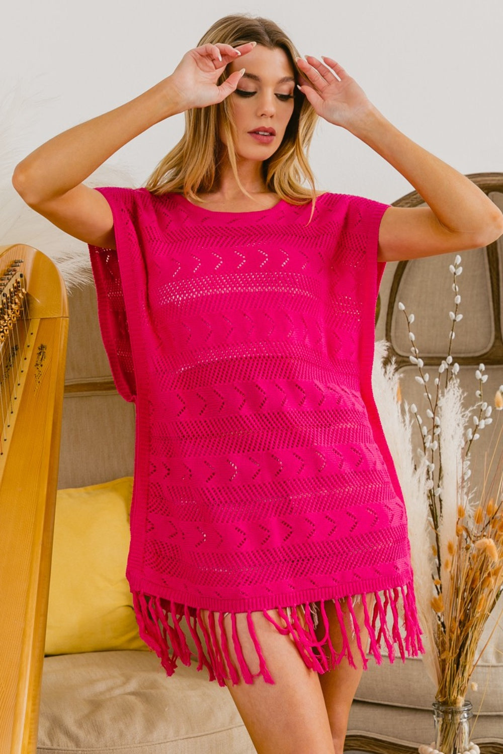 Cotton Fringed Hem Knit Top - Fuchsia